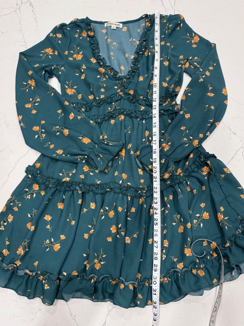 Inspired Hearts Teal Floral Ruffle Mini Dress Long Sleeve Boho Western Sz Small - Picture 8 of 11